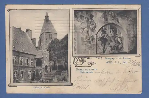 AK Mölln i.L. Gruss aus dem Ratskeller Rathaus und Kirche  gelaufen 1906