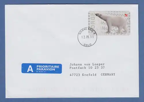 Norwegen 2008 ATM Eisbär Mi.-Nr. 13e Wert 12,00 auf A-Post-Brief nach Krefeld