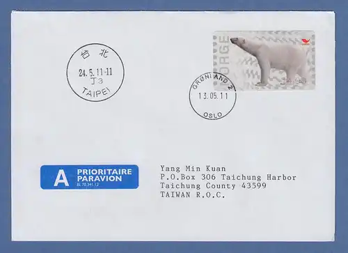 Norwegen 2008 ATM Eisbär Mi.-Nr. 13e Wert 14,00 auf A-Post-Brief nach Taiwan