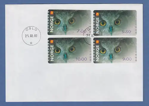 Norwegen 2002 Eule Sonderdruck ähnlich ATM Satz 4 Werte Mi.-Nr. 5 So 1-4 Brief