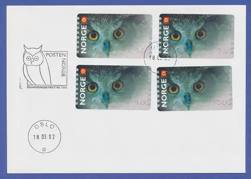 Norwegen 2002 ATM-Ausgabe Eule. 4 Werte 5.50-7.00-9.00-10.00 auf FDC 18.3.02