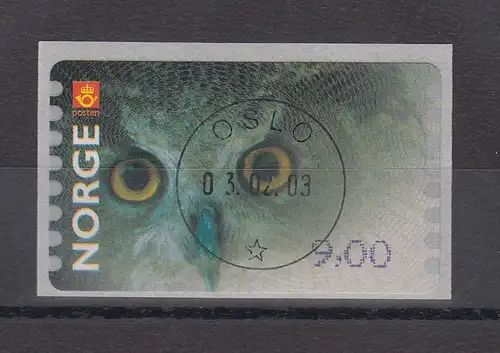 Norwegen 2002 ATM-Ausgabe Eule. Wert 9,00 gestempelt