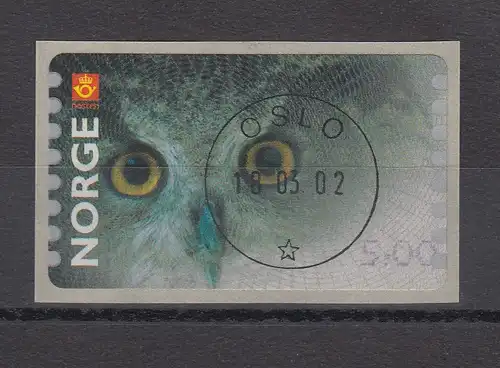 Norwegen 2002 ATM-Ausgabe Eule. Wert 5,00 mit ET-O 18.03.02 