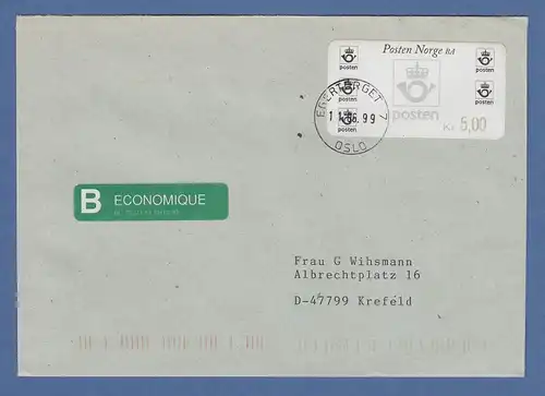 Norwegen 1999 ATM Postemblem Wert 5,00 auf FDC O EGERTORGET gel. nach Krefeld