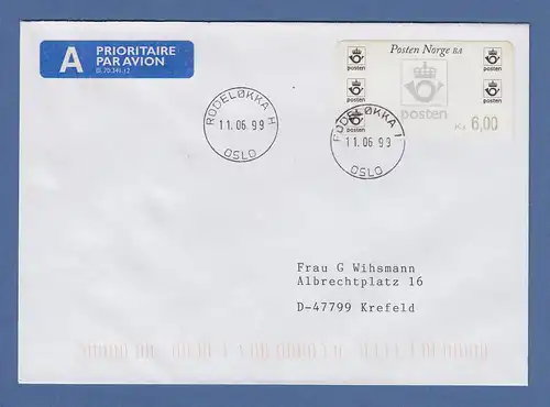 Norwegen 1999 ATM Postemblem Wert 6,00 auf FDC O RODELOKKA gel. nach Krefeld