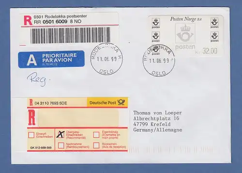 Norwegen 1999 ATM Postemblem Wert 32,00 auf R-FDC O RODELOKKA gel. nach Krefeld