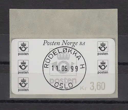 Norwegen 1999 ATM Postemblem Wert 3,60 mit ET-O RODELOKKA 11.06.99