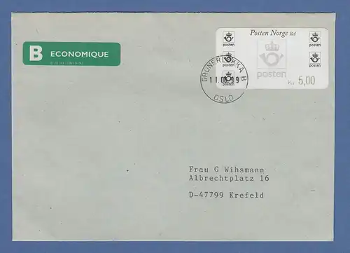 Norwegen 1999 ATM Postemblem Wert 5,00 auf FDC GRÜNERLOKKA gel. nach Krefeld