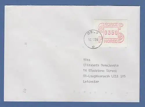 Norwegen 1986 FRAMA-ATM Mi.-Nr. 3.2b Wert 0350 auf FDC OSLO 16.10.86 -> GB