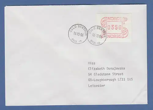 Norwegen 1986 FRAMA-ATM Mi.-Nr. 3.2b Wert 0350 auf FDC OSLO 16.10.86 nach GB