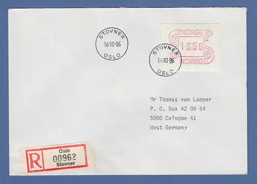 Norwegen 1986 FRAMA-ATM Mi.-Nr. 3.2b Wert 1350 auf R-FDC nach D STOVNER 16.10.86