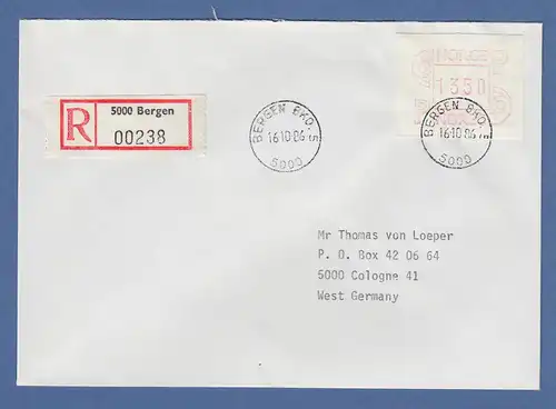 Norwegen 1986 FRAMA-ATM Mi.-Nr. 3.2b Wert 1350 auf R-FDC BERGEN 16.10.86 -> D