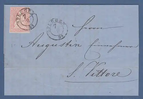 Schweiz Sitzende Helvetia 15 Rp. Mi.-Nr. 15 auf Brief, Stempel SPLÜGEN, 1858