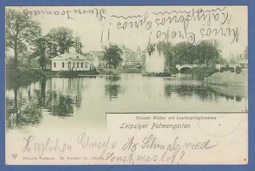AK Leipziger Palmengarten grosser Weiher mit Teichspringbrunnen gelaufen 1902