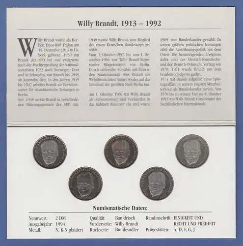 Bundesrepublik 2DM Kursmünzen Willy Brandt Erstausgabe 1994 kpl. Satz ADFGJ 