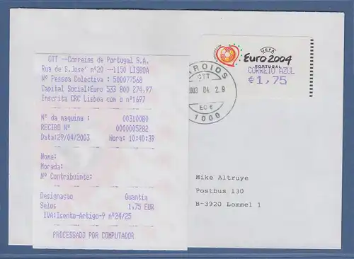 Portugal 2003 ATM Fußball EM Euro 2004 Mi-Nr. 42.2.1 Z2 Wert 1,75 auf gel. FDC B