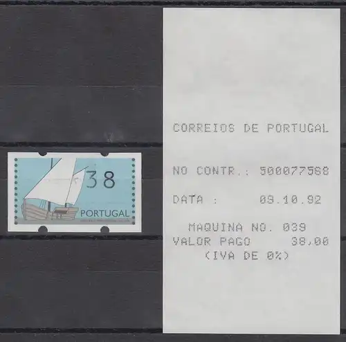 Portugal 1992 ATM Karavelle Mi-Nr. 5Z1 ATM Wert 38 ** mit Ersttags-AQ 