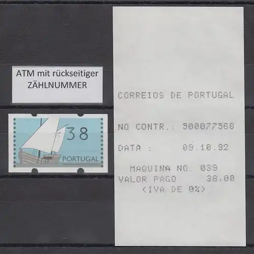 Portugal 1992 ATM Karavelle Mi-Nr. 5Z1 ATM Wert 38 ** mit Nr. mit Ersttags-AQ 