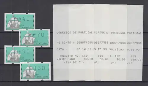 Portugal 1993 ATM Nau Mi-Nr. 7Z1 Satz 40-70-90-130 ** mit 4 Ersttags-Quittungen