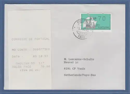 Portugal 1993 ATM Nau Mi-Nr. 7Z1 Wert 70 auf FDC nach NL mit Ersttags-Quittung