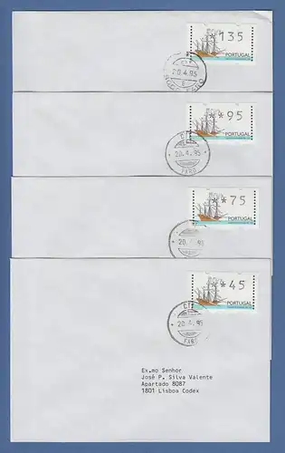 Portugal 1995 ATM Galeone Mi.-Nr.10Z1 Satz 45-75-95-135 auf 4 portoger. Briefen 