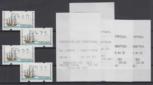 Portugal 1995 ATM Galeone Mi.-Nr.10Z1 Satz 40-75-95-135 ** mit 4 ET-Quittungen