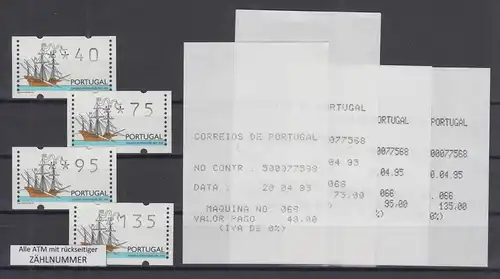 Portugal 1995 ATM Galeone Mi-Nr.10Z1 Satz 40-75-95-135 ** mit ZN + ET-Quittungen