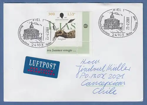 LP-Brief mit EF Mi.-Nr. 2170 mit Sonder-O KIEL gelaufen nach Chile, AK-Stempel