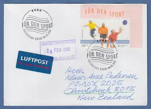 FDC mit EF Mi.-Nr. 2168 mit Sonder-O BONN per Luftpost gelaufen nach Neuseeland