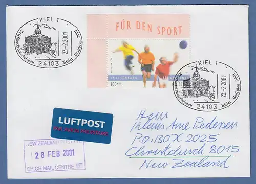LP-Brief mit EF Mi.-Nr. 2168 mit Sonder-O KIEL 23.2.01 gelaufen nach Neuseeland 