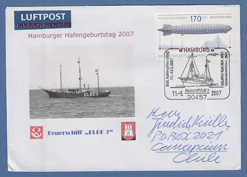 Hamburg Hafengeburtstag 2007 Sonder-O Beleg  EF Zeppelin-Marke # 2589 -> Chile
