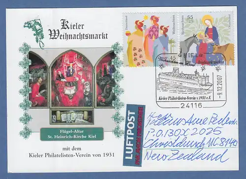 Bund 2007 Weihnachten Satz auf Lp-Karte nach NZL, So.-O KIEL Briefmarkenschau