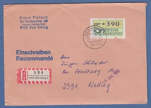 Bund ATM 1. Ausgabe Wert 390 auf R-Brief der 2. Gewichtssufe, O BAD KÖNIG 1985