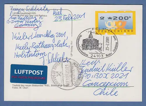 Bund ATM 3. Ausgabe Wert 200 Pfg auf LP-Karte nach Chile, Sonder-O KIEL 2001