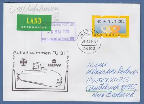 Bund ATM 4. Ausgabe Wert 1,12 € auf Brief n.NZL Cachet Aufschwimmen U31 U-Boot