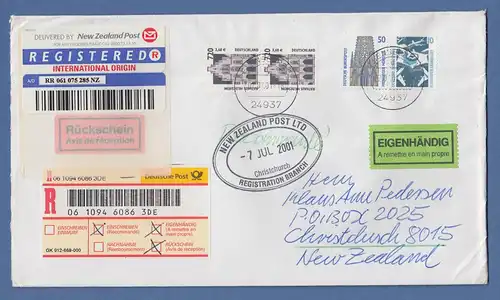 Einschreibe-Eigenhändig-Brief 2001 gelaufen nach Neuseeland, SWK-Frankatur