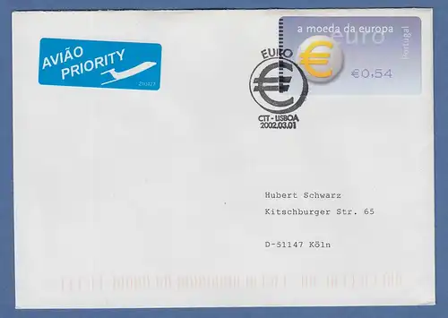 Portugal 2002 ATM €-Einführung SMD Mi-Nr. 40.1.Z1 Wert 0,54 auf FDC nach D