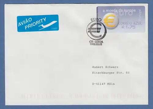 Portugal 2002 ATM €-Einführung SMD Mi-Nr. 40.1.Z2 Wert AZUL 1,75 auf FDC nach D