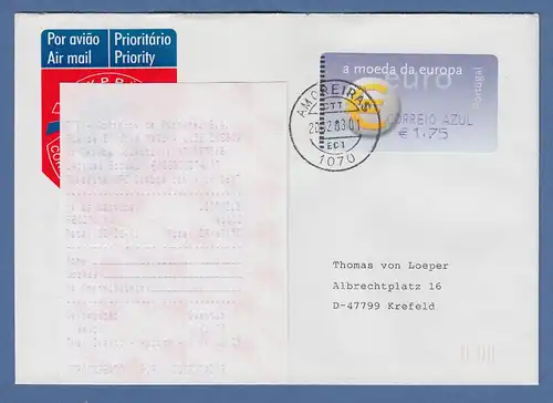 Portugal 2002 ATM €-Einführung SMD Mi-Nr. 40.1.Z2 Wert AZUL 1,75 auf FDC mit AQ