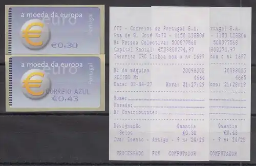 Portugal 2002 ATM €-Einführung SMD Mi-Nr. 40.1. je Wert Z1 und Z2 30 / 43 ** +AQ