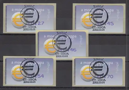 Portugal 2002 ATM €-Einführung Amiel Mi-Nr. 40.2.2 Satz 5 Werte 0,27 - 0,70 ET-O