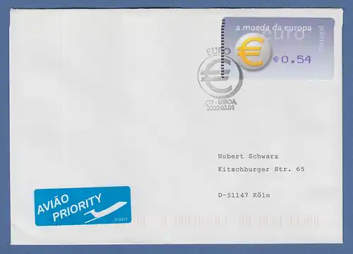 Portugal 2002 ATM €-Einführung Amiel Mi-Nr 40.2.2 Z1 Wert 0,54 auf Auslands-FDC