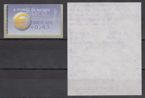 Portugal 2002 ATM €-Einführung Amiel OA Mi-Nr 40.2.1 Z2 Wert AZUL 0,43 ** + AQ