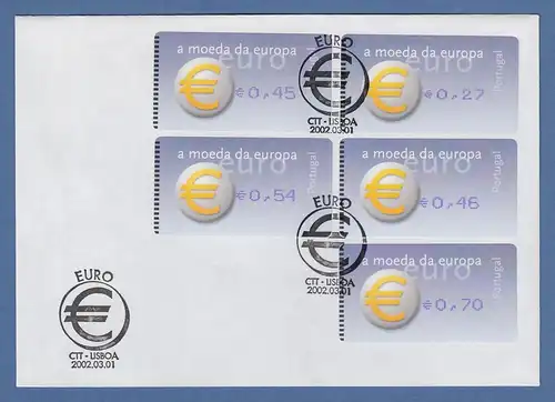 Portugal 2002 ATM €-Einführung Amiel OA Mi-Nr 40.2.1 Z1 Satz 5 Werte auf FDC