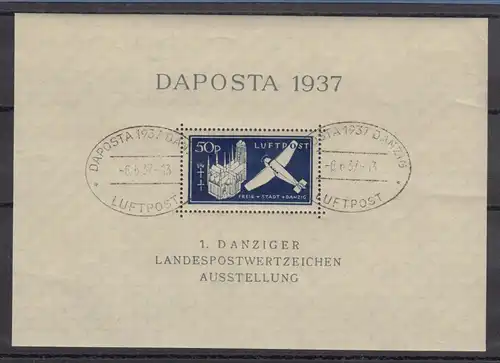 Danzig 1937 Daposta-Block, seltene a-Farbe Mi.-Nr. Block 2a mit Sonderstempel