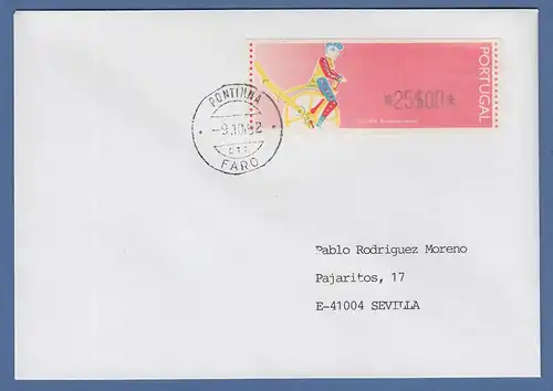 Portugal 1992 ATM Ciclista Mi.-Nr. 6 Wert 25$00 auf FDC nach Spanien, O FARO