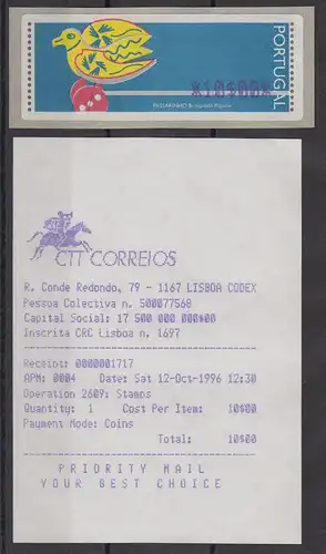 Portugal 1996 ATM Passarinho Mi.-Nr. 13.1.1 Z1 Wert 10 ** mit AQ engl.
