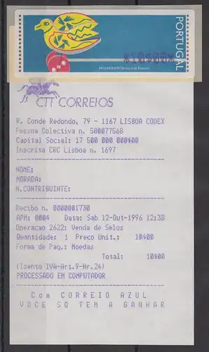 Portugal 1996 ATM Passarinho Mi.-Nr. 13.1.1 Z1 Wert 10 ** mit AQ port.
