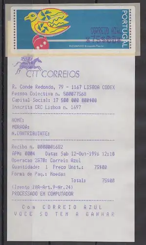 Portugal 1996 ATM Passarinho Mi.-Nr. 13.1.1 Z2 Wert AZUL75 ** mit AQ