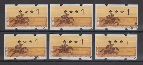 Portugal 1990 ATM Postreiter Mi.-Nr. 2 Lot 6 Doppeldrucke jew. kleiner Teil ** 